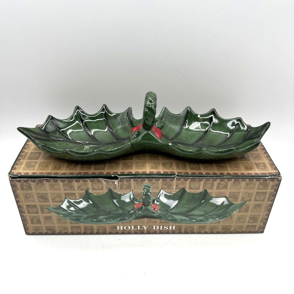 Cracker Barrel Ceramic Holly Dish w/Center Handle Candy Appetizers Condiment Box